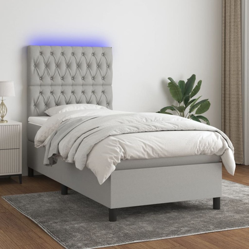 Letto a Molle Materasso e LED Grigio Chiaro 90x190 cm Tessuto Letto a Molle Materasso e LED Grigio Chiaro 90x190 cm Tessuto