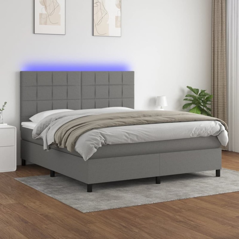 Letto a Molle Materasso e LED Grigio Scuro 180x200cm in Tessuto Letto a Molle Materasso e LED Grigio Scuro 180x200cm in Tessuto