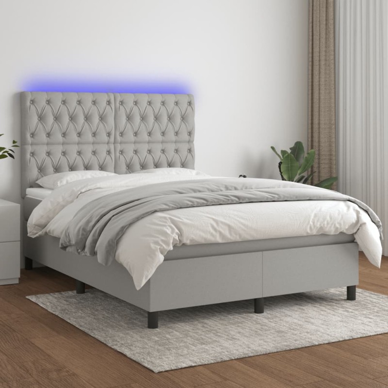 Letto a Molle Materasso e LED Grigio Chiaro 140x190 cm Tessuto Letto a Molle Materasso e LED Grigio Chiaro 140x190 cm Tessuto