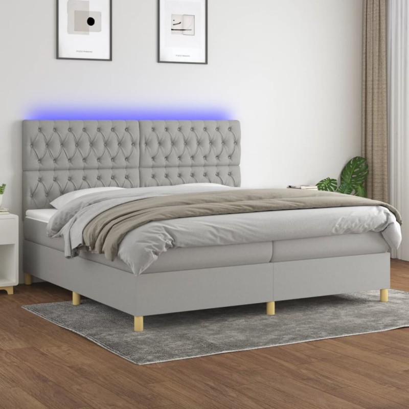 Letto a Molle Materasso e LED Grigio Chiaro 200x200 cm Tessuto Letto a Molle Materasso e LED Grigio Chiaro 200x200 cm Tessuto