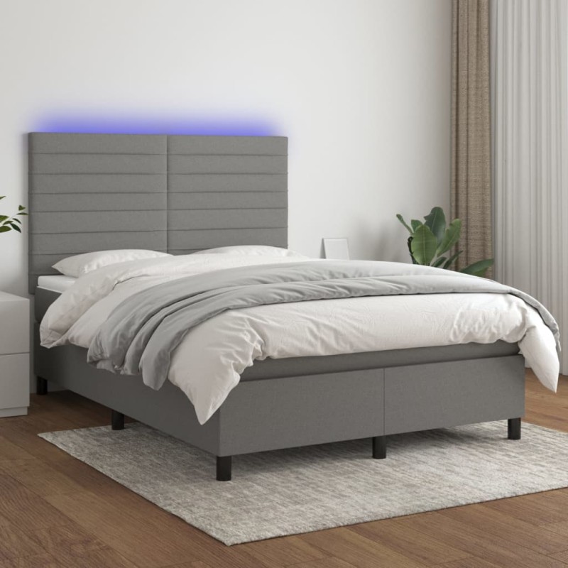 Letto a Molle Materasso e LED Grigio Scuro 140x190cm in Tessuto Letto a Molle Materasso e LED Grigio Scuro 140x190cm in Tessuto
