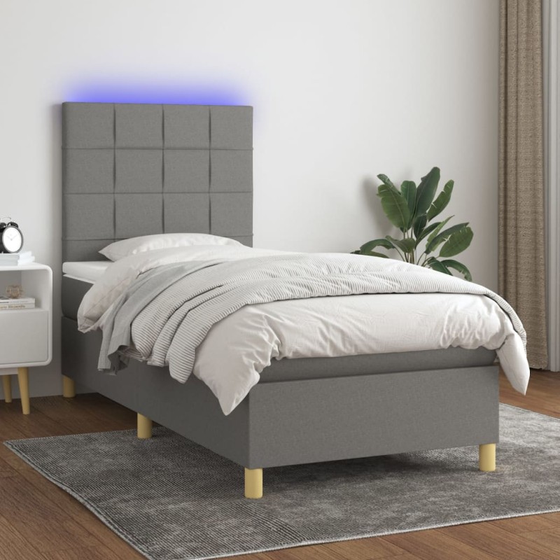 Letto a Molle Materasso e LED Grigio Scuro 100x200cm in Tessuto Letto a Molle Materasso e LED Grigio Scuro 100x200cm in Tessuto