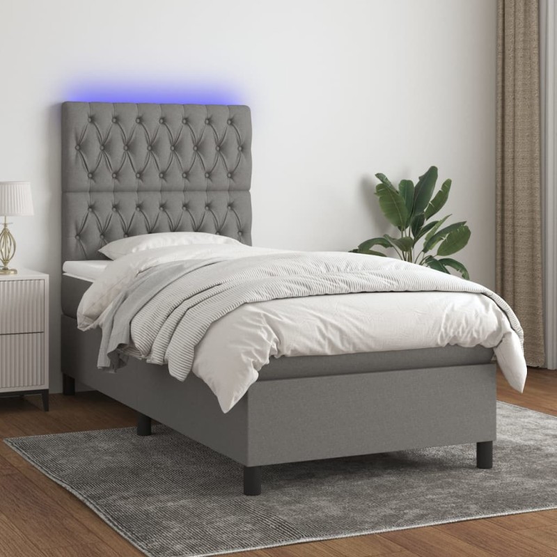 Letto a Molle Materasso e LED Grigio Scuro 100x200cm in Tessuto Letto a Molle Materasso e LED Grigio Scuro 100x200cm in Tessuto
