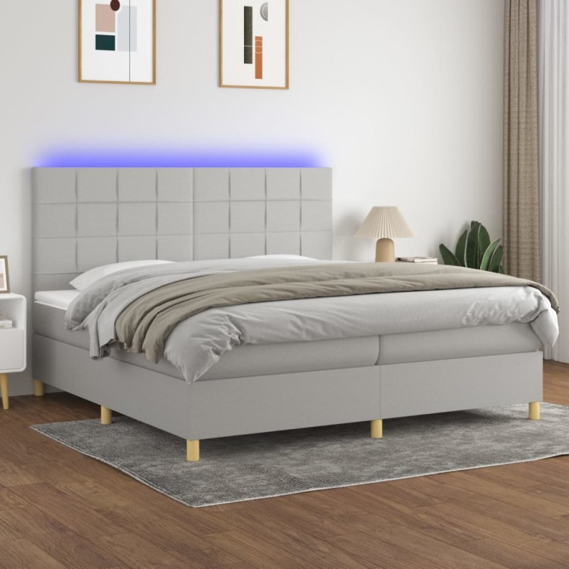 Letto a Molle Materasso e LED Grigio Chiaro 200x200 cm Tessuto Letto a Molle Materasso e LED Grigio Chiaro 200x200 cm Tessuto