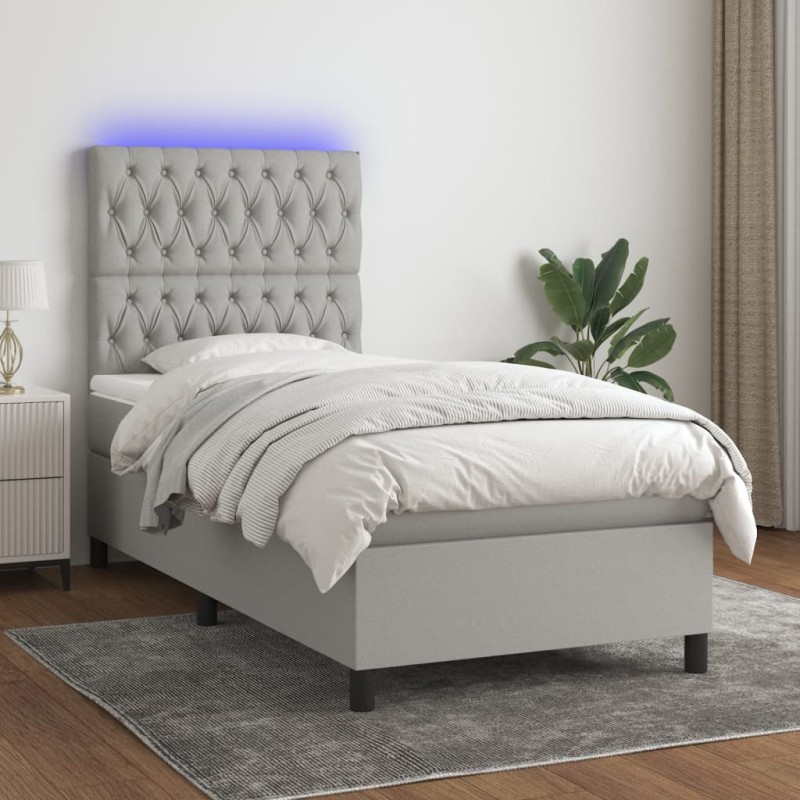 Letto a Molle Materasso e LED Grigio Chiaro 100x200 cm Tessuto Letto a Molle Materasso e LED Grigio Chiaro 100x200 cm Tessuto