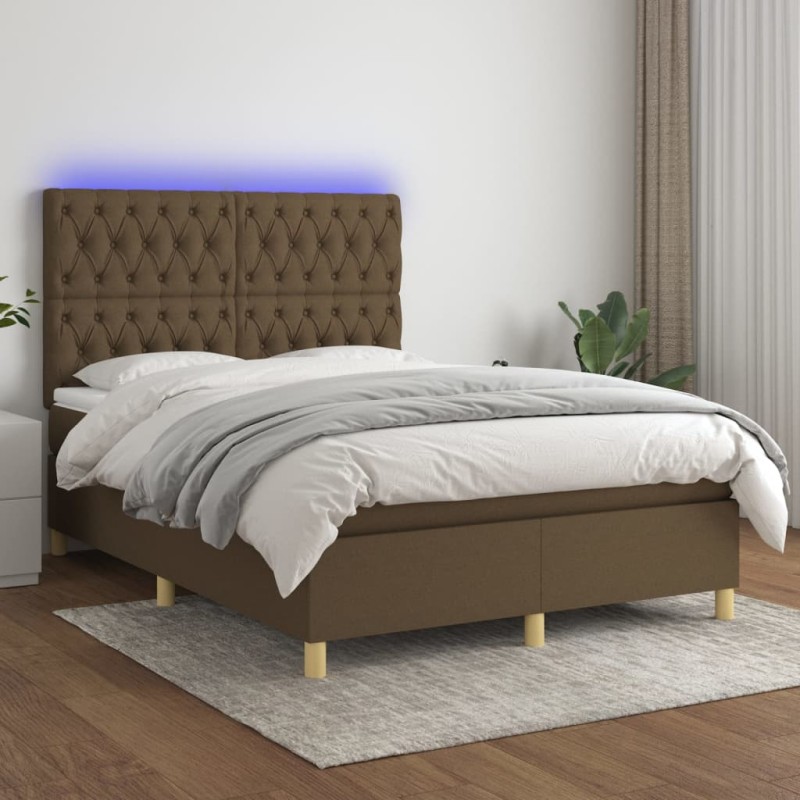 vidaXL Letto a Molle Materasso e LED Marrone Scuro 140x200 cm Tessuto vidaXL Letto a Molle Materasso e LED Marrone Scuro 140x200 cm Tessuto