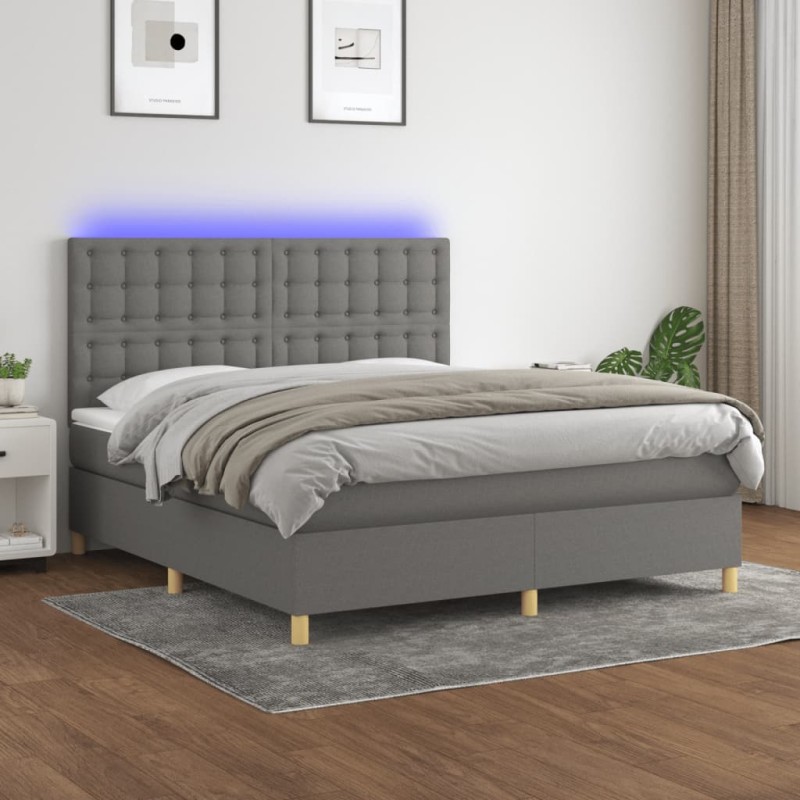 Letto a Molle Materasso e LED Grigio Scuro 180x200cm in Tessuto Letto a Molle Materasso e LED Grigio Scuro 180x200cm in Tessuto