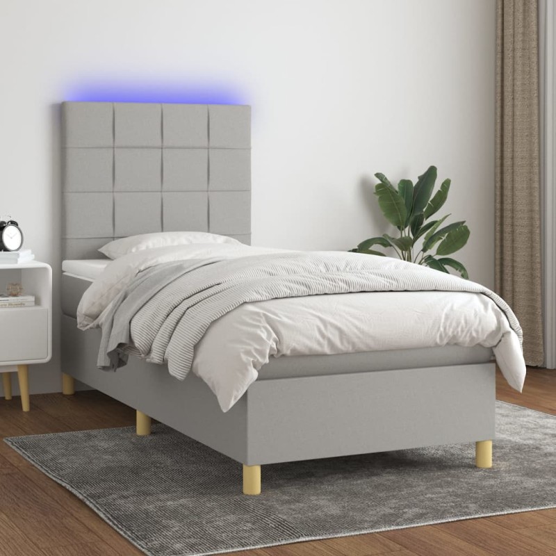 Letto a Molle Materasso e LED Grigio Chiaro 90x190 cm Tessuto Letto a Molle Materasso e LED Grigio Chiaro 90x190 cm Tessuto