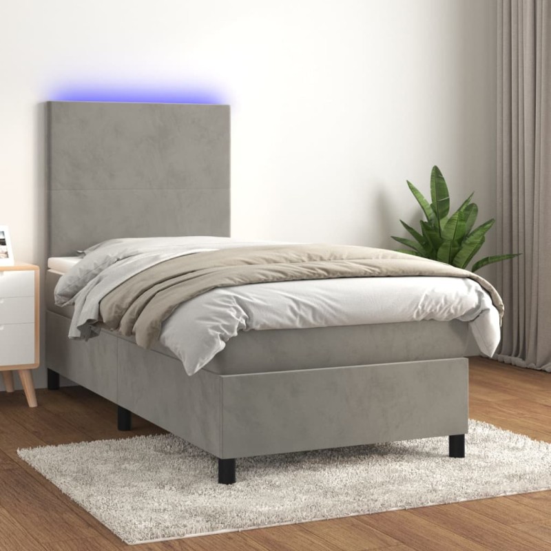 vidaXL Letto a Molle Materasso e LED Grigio Chiaro 90x200 cm Velluto vidaXL Letto a Molle Materasso e LED Grigio Chiaro 90x200 cm Velluto