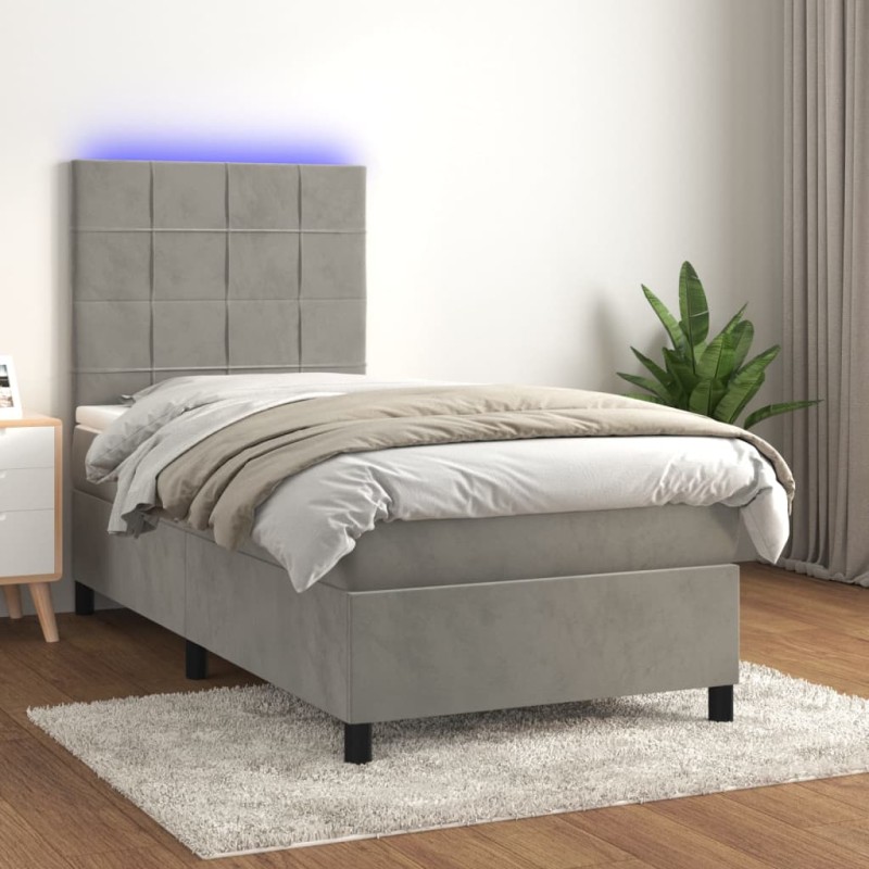 Letto a Molle Materasso e LED Grigio Chiaro 100x200 cm Velluto Letto a Molle Materasso e LED Grigio Chiaro 100x200 cm Velluto
