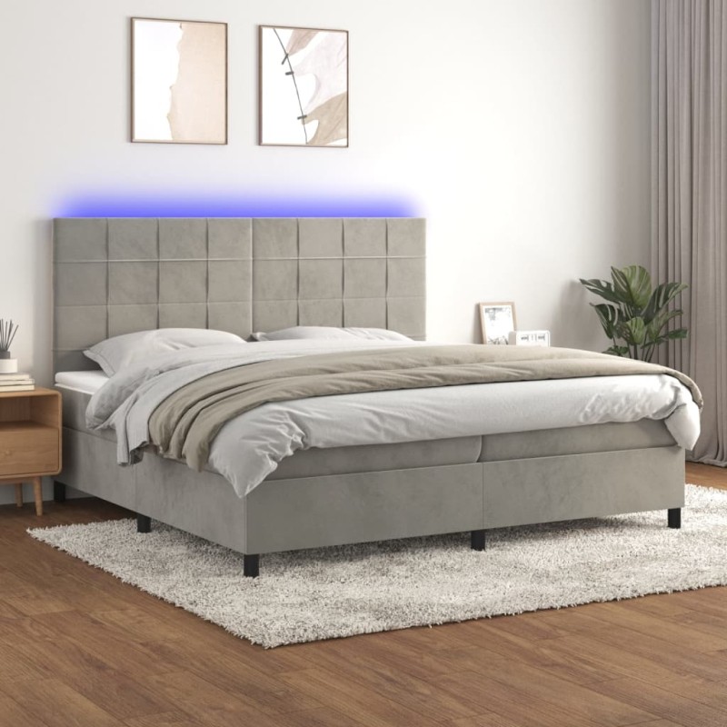 Letto a Molle Materasso e LED Grigio Chiaro 200x200 cm Velluto Letto a Molle Materasso e LED Grigio Chiaro 200x200 cm Velluto