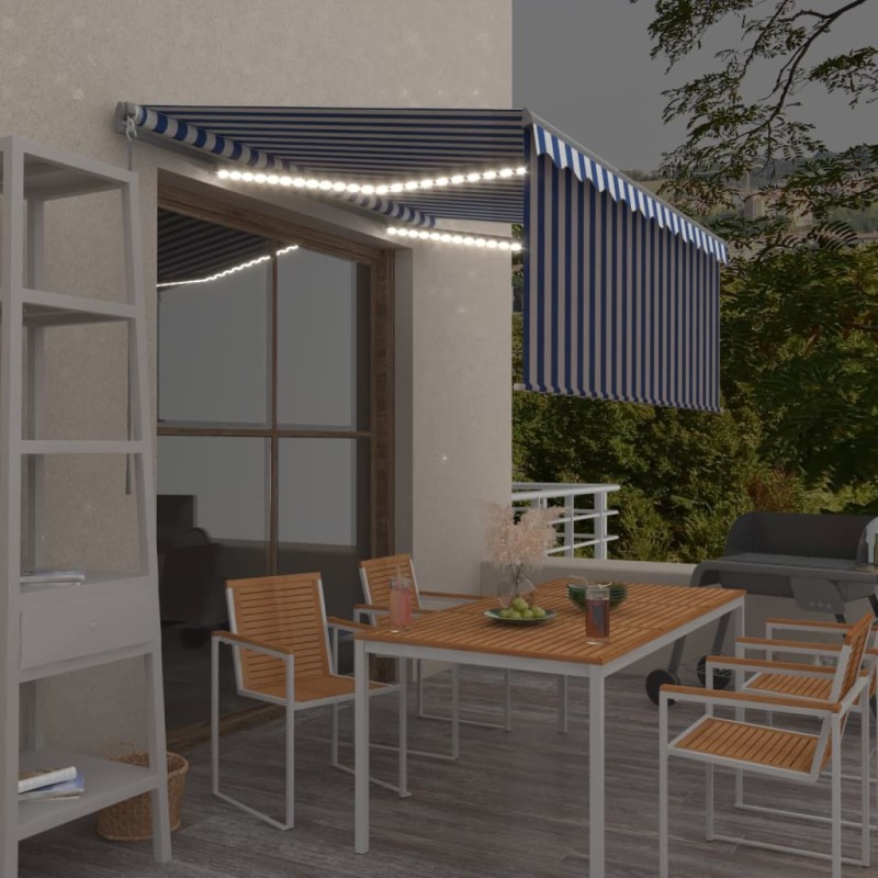 vidaXL Tenda Sole Retrattile Manuale con LED 3x2,5m Blu e Bianco vidaXL Tenda Sole Retrattile Manuale con LED 3x2,5m Blu e Bianco