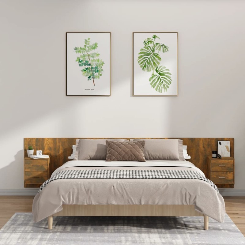 Testiera Letto con Comodini in Legno Multistrato Rovere Fumo Testiera Letto con Comodini in Legno Multistrato Rovere Fumo