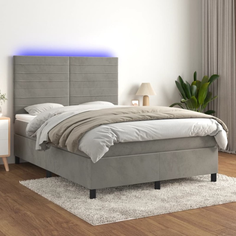 Letto a Molle Materasso e LED Grigio Chiaro 140x200 cm Velluto Letto a Molle Materasso e LED Grigio Chiaro 140x200 cm Velluto