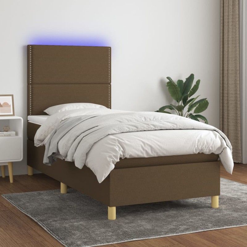 Letto a Molle Materasso e LED Marrone Scuro 100x200 cm Tessuto Letto a Molle Materasso e LED Marrone Scuro 100x200 cm Tessuto