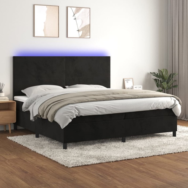 Letto a Molle con Materasso e LED Nero 200x200 cm in Velluto Letto a Molle con Materasso e LED Nero 200x200 cm in Velluto