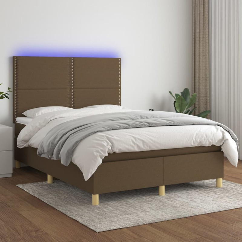 Letto a Molle Materasso e LED Marrone Scuro 140x200 cm Tessuto Letto a Molle Materasso e LED Marrone Scuro 140x200 cm Tessuto