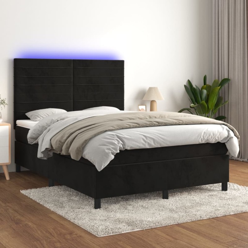 Letto a Molle con Materasso e LED Nero 140x190 cm in Velluto Letto a Molle con Materasso e LED Nero 140x190 cm in Velluto