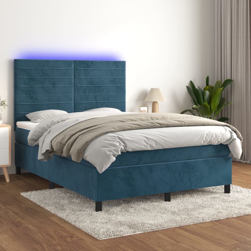 Letto a Molle con Materasso e LED Blu Scuro 140x190 cm Letto a Molle con Materasso e LED Blu Scuro 140x190 cm
