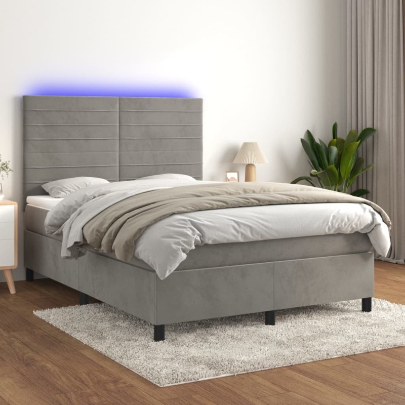 Letto a Molle Materasso e LED Grigio Chiaro 140x190 cm Velluto Letto a Molle Materasso e LED Grigio Chiaro 140x190 cm Velluto