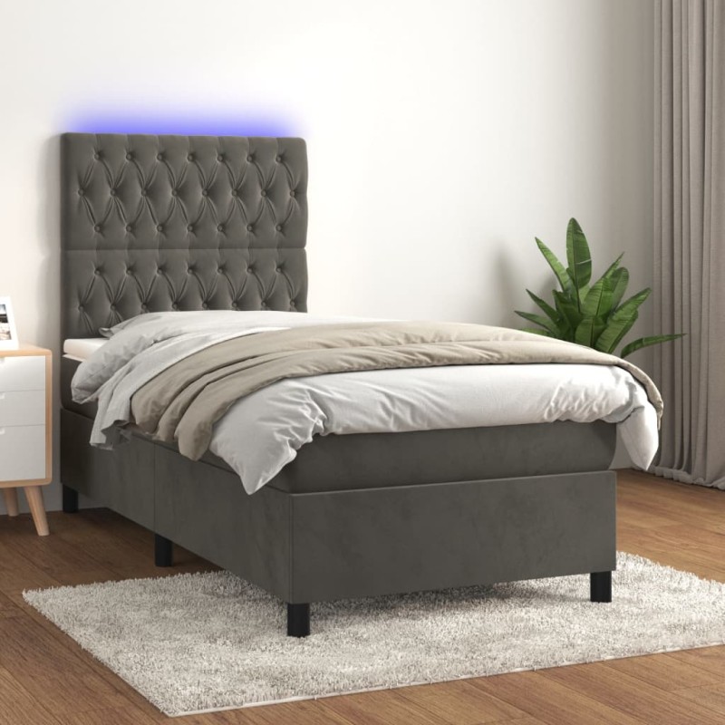 Letto a Molle con Materasso e LED Grigio Scuro 90x190cm Velluto Letto a Molle con Materasso e LED Grigio Scuro 90x190cm Velluto