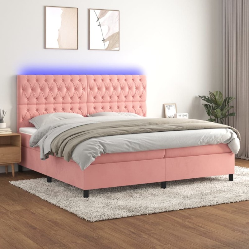 Letto a Molle con Materasso e LED Rosa 200x200 cm in Velluto Letto a Molle con Materasso e LED Rosa 200x200 cm in Velluto