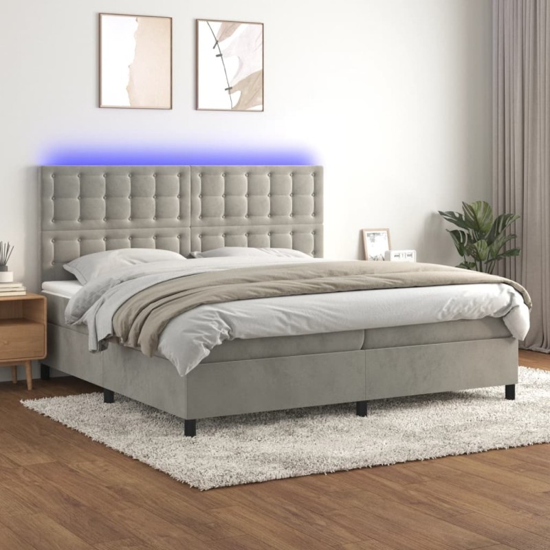 vidaXL Letto a Molle Materasso e LED Grigio Chiaro 200x200 cm Velluto vidaXL Letto a Molle Materasso e LED Grigio Chiaro 200x200 cm Velluto