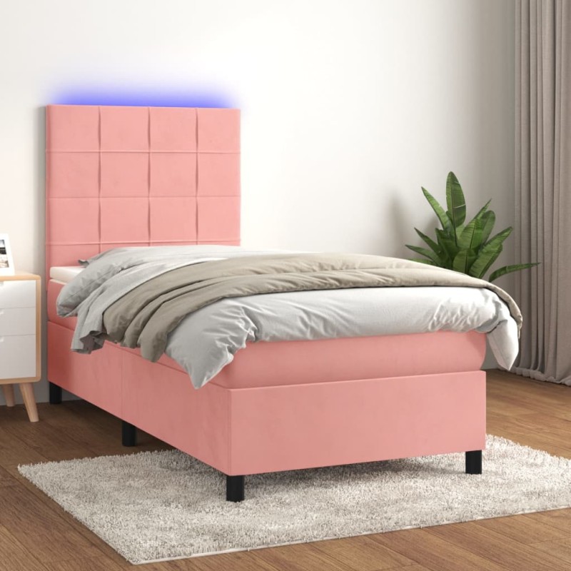 Letto a Molle con Materasso e LED Rosa 100x200 cm in Velluto Letto a Molle con Materasso e LED Rosa 100x200 cm in Velluto