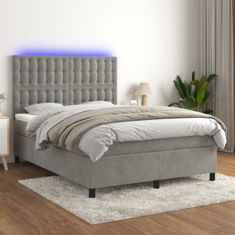 Letto a Molle Materasso e LED Grigio Chiaro 140x190 cm Velluto Letto a Molle Materasso e LED Grigio Chiaro 140x190 cm Velluto