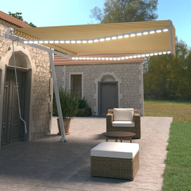Tenda da Sole Retrattile Manuale LED 400x350 cm Giallo Bianco Tenda da Sole Retrattile Manuale LED 400x350 cm Giallo Bianco