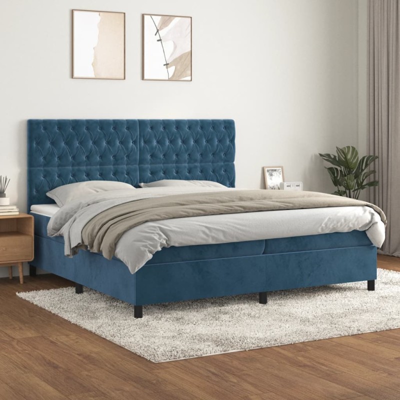 Giroletto a Molle con Materasso Blu Scuro 200x200 cm in Velluto