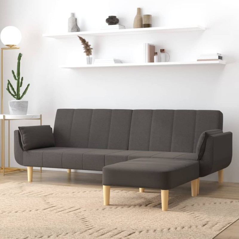 Divano Letto a 2 Posti Pouf e Due Cuscini Grigio Scuro Tessuto Divano Letto a 2 Posti Pouf e Due Cuscini Grigio Scuro Tessuto