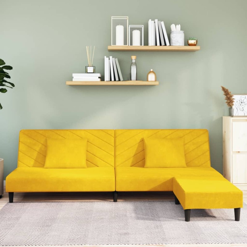 Divano Letto a 2 Posti con 2 Cuscini e Pouf Giallo in Velluto Divano Letto a 2 Posti con 2 Cuscini e Pouf Giallo in Velluto