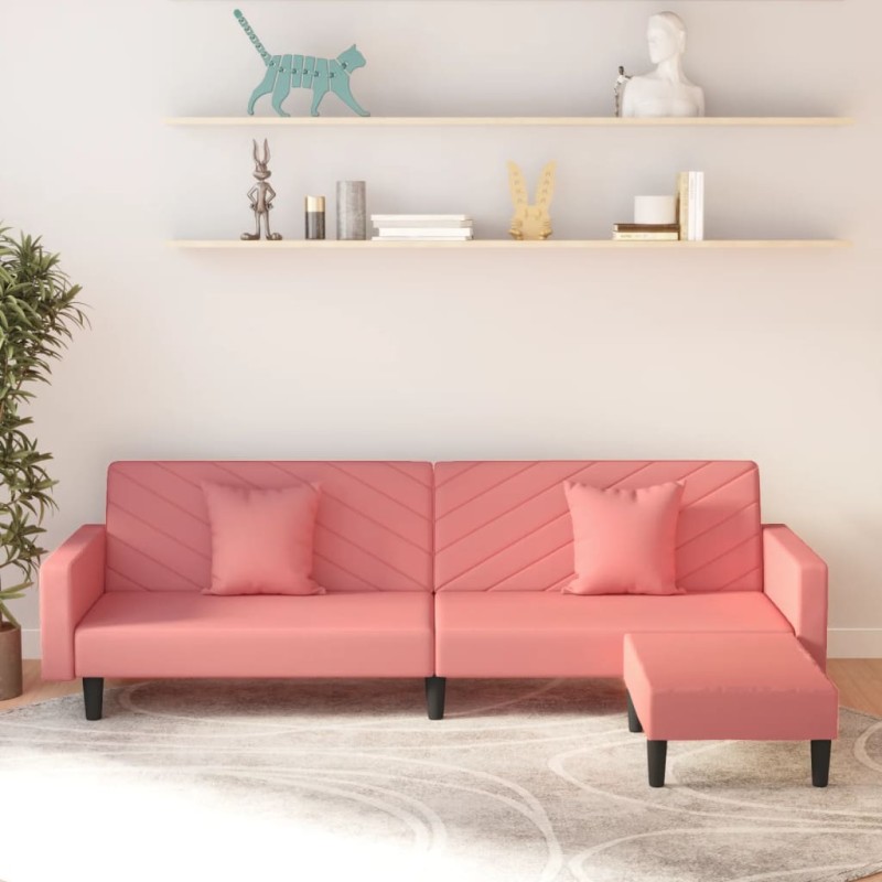 Divano Letto a 2 Posti con 2 Cuscini e Pouf Rosa in Velluto Divano Letto a 2 Posti con 2 Cuscini e Pouf Rosa in Velluto