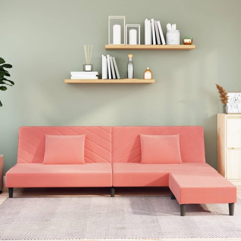 Divano Letto a 2 Posti con 2 Cuscini e Pouf Rosa in Velluto Divano Letto a 2 Posti con 2 Cuscini e Pouf Rosa in Velluto