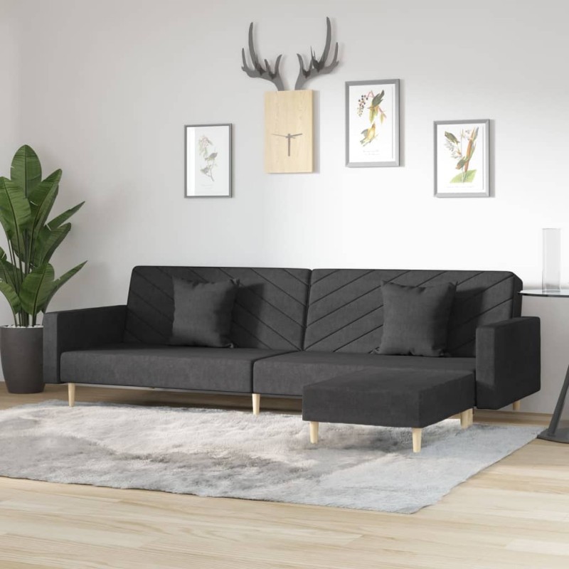 Divano Letto a 2 Posti con 2 Cuscini e Pouf Nero in Tessuto Divano Letto a 2 Posti con 2 Cuscini e Pouf Nero in Tessuto