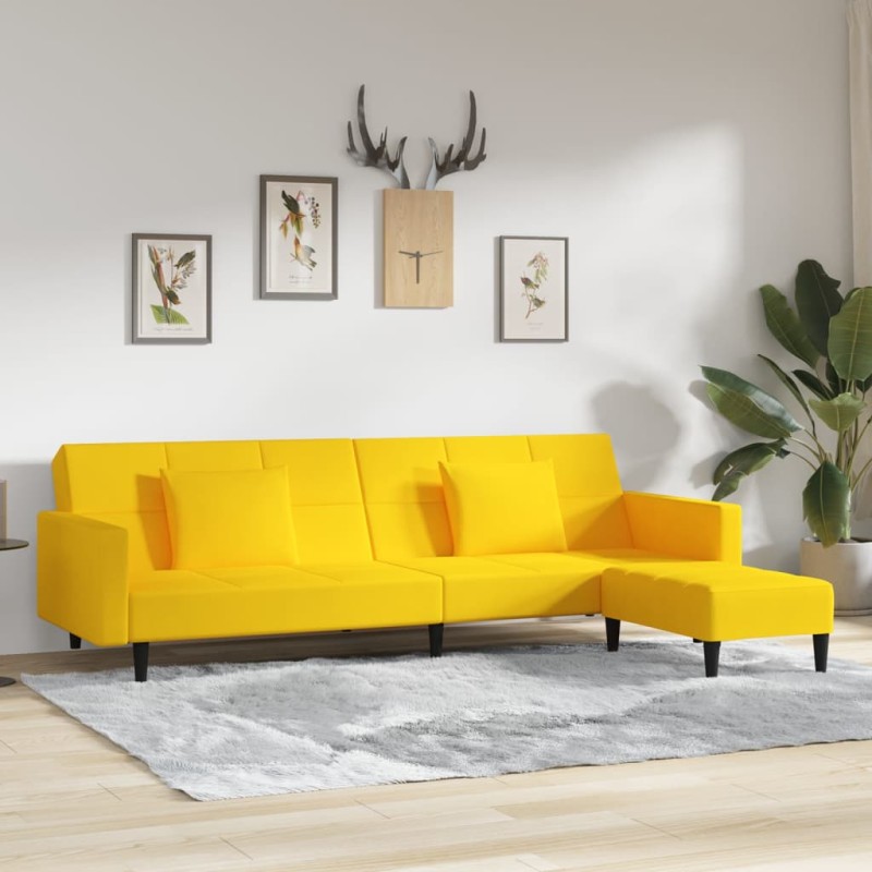Divano Letto 2 Posti con 2 Cuscini e Poggiapiedi Giallo Velluto Divano Letto 2 Posti con 2 Cuscini e Poggiapiedi Giallo Velluto