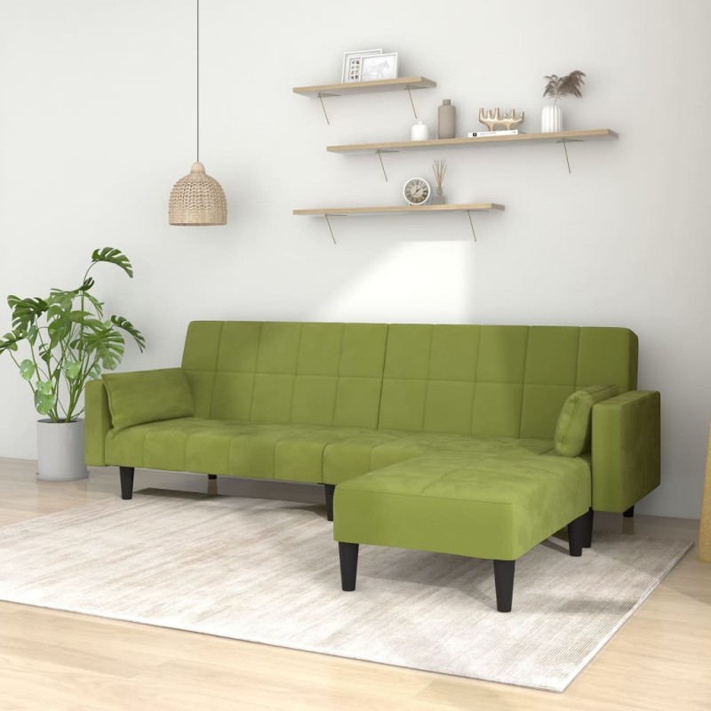 Divano Letto 2 Posti 2 Cuscini Poggiapiedi Verde Chiaro Velluto Divano Letto 2 Posti 2 Cuscini Poggiapiedi Verde Chiaro Velluto