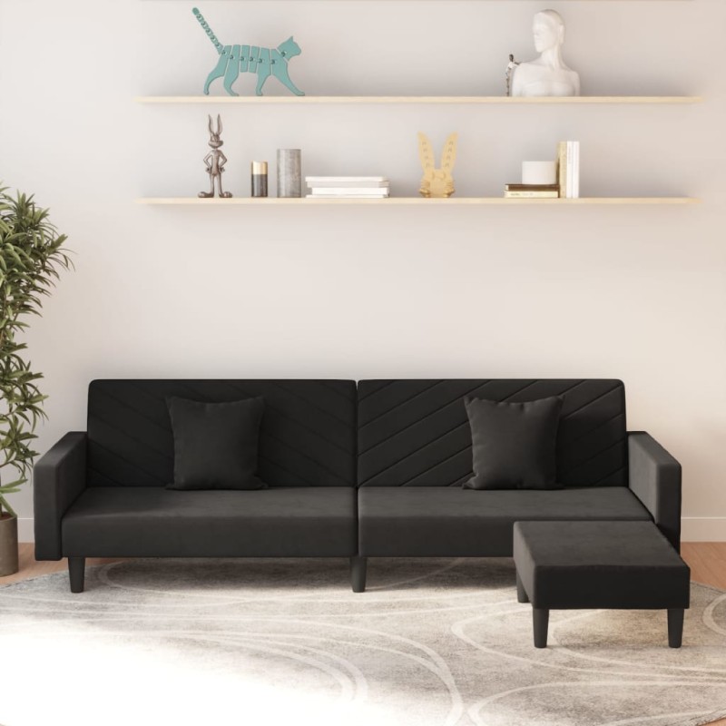 Divano Letto a 2 Posti con 2 Cuscini e Pouf Nero in Velluto Divano Letto a 2 Posti con 2 Cuscini e Pouf Nero in Velluto