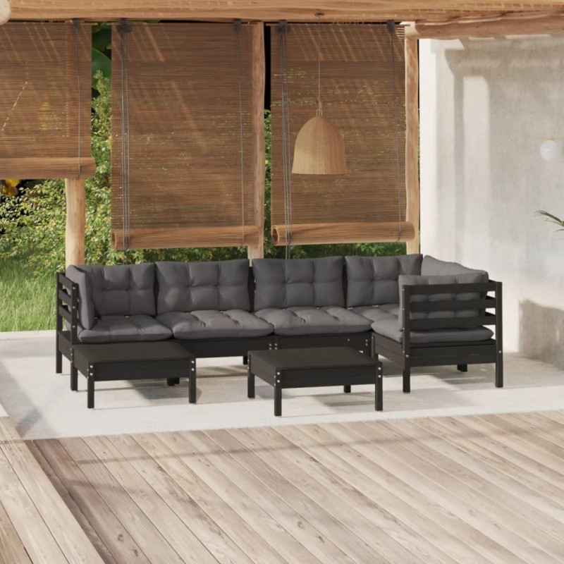 Set Divani da Giardino 7 pz con Cuscini Neri Massello di Pino Set Divani da Giardino 7 pz con Cuscini Neri Massello di Pino