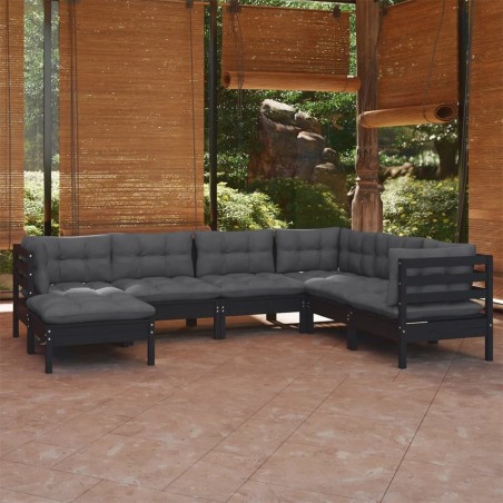 vidaXL Set Divani da Giardino 7 pz con Cuscini Neri in Legno di Pino