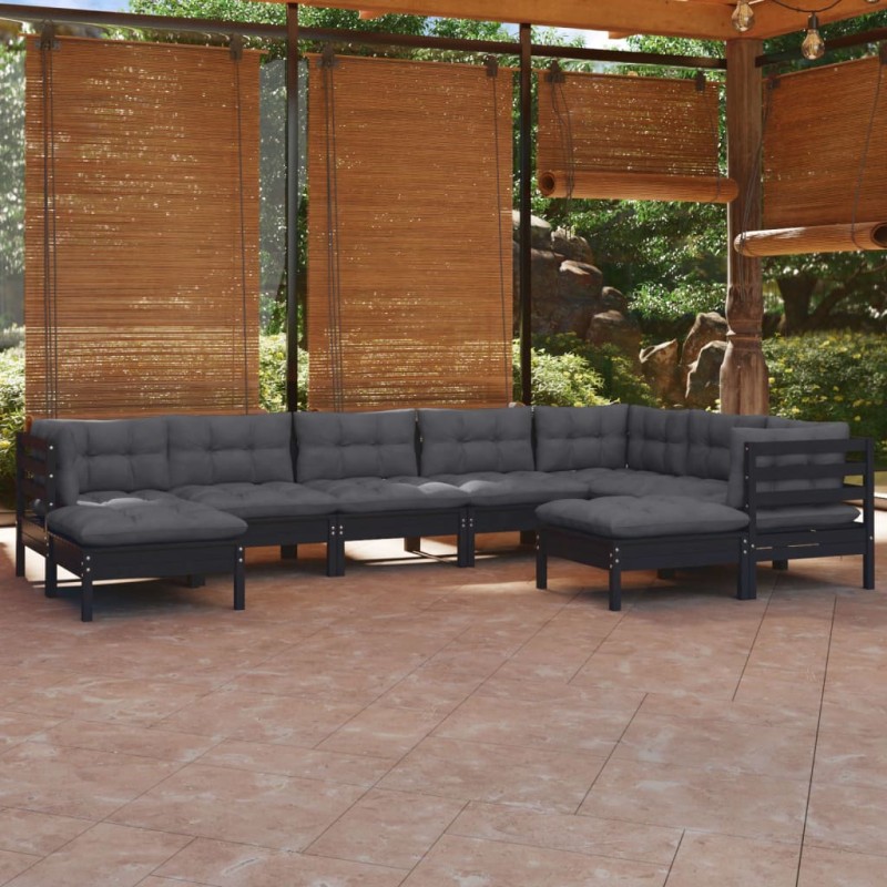 Set Divani da Giardino 9 pz con Cuscini Neri Massello di Pino Set Divani da Giardino 9 pz con Cuscini Neri Massello di Pino