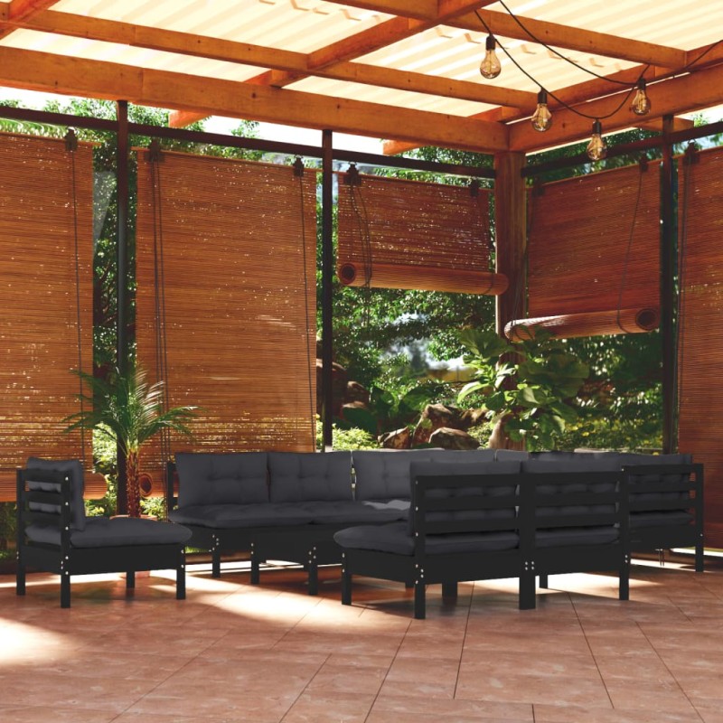 vidaXL Set Divani da Giardino 11 pz con Cuscini Neri in Legno di Pino vidaXL Set Divani da Giardino 11 pz con Cuscini Neri in Legno di Pino
