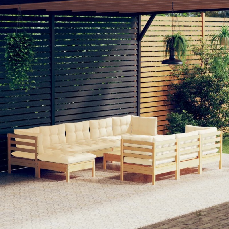 Set Divani da Giardino 11 pz con Cuscini Crema Massello di Pino Set Divani da Giardino 11 pz con Cuscini Crema Massello di Pino