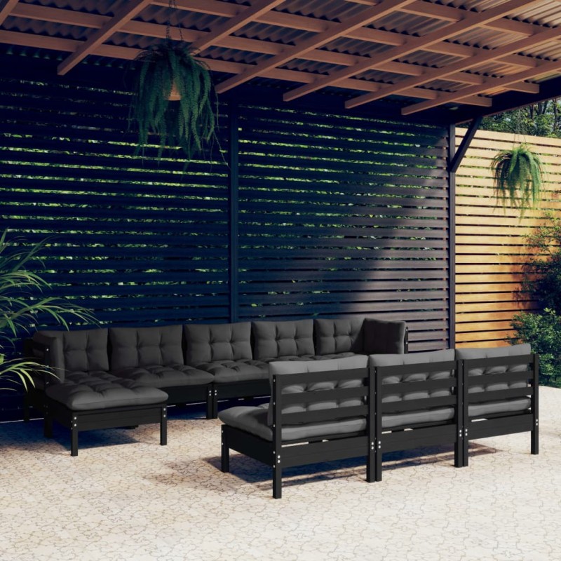 Set Divani da Giardino 10 pz con Cuscini Neri in Legno di Pino Set Divani da Giardino 10 pz con Cuscini Neri in Legno di Pino