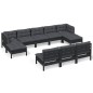Set Divani da Giardino 10 pz con Cuscini Neri in Legno di Pino Set Divani da Giardino 10 pz con Cuscini Neri in Legno di Pino