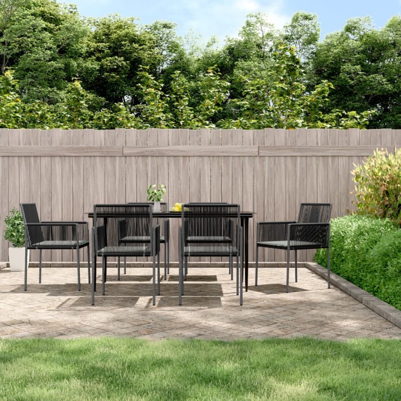 Set Pranzo Giardino 7 pz con Cuscini Polyrattan e Acciaio Nero Set Pranzo Giardino 7 pz con Cuscini Polyrattan e Acciaio Nero