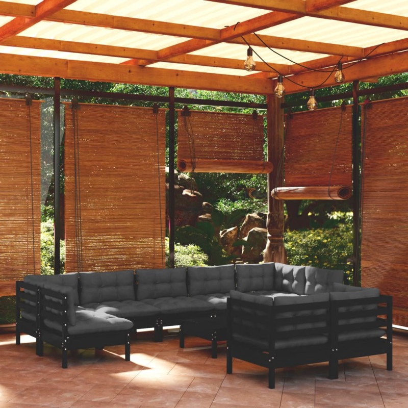 Set Divani da Giardino 10 pz con Cuscini Neri Legno di Pino Set Divani da Giardino 10 pz con Cuscini Neri Legno di Pino