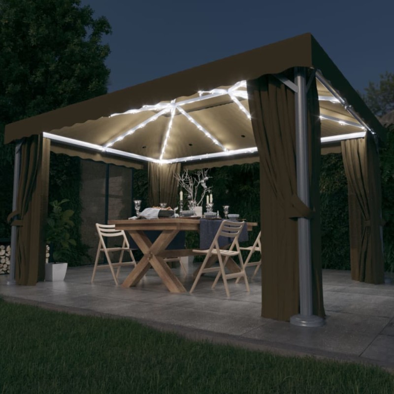 Gazebo con Tende e Stringa di Luci LED 4x3 m Grigio Talpa Gazebo con Tende e Stringa di Luci LED 4x3 m Grigio Talpa