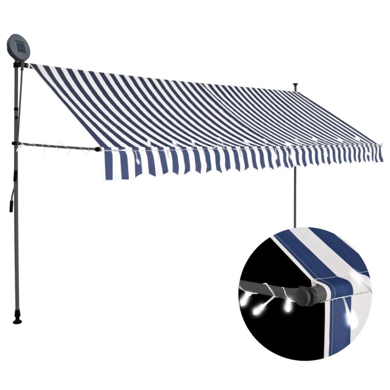 vidaXL Tenda da Sole Retrattile Manuale con LED 400 cm Blu e Bianca vidaXL Tenda da Sole Retrattile Manuale con LED 400 cm Blu e Bianca